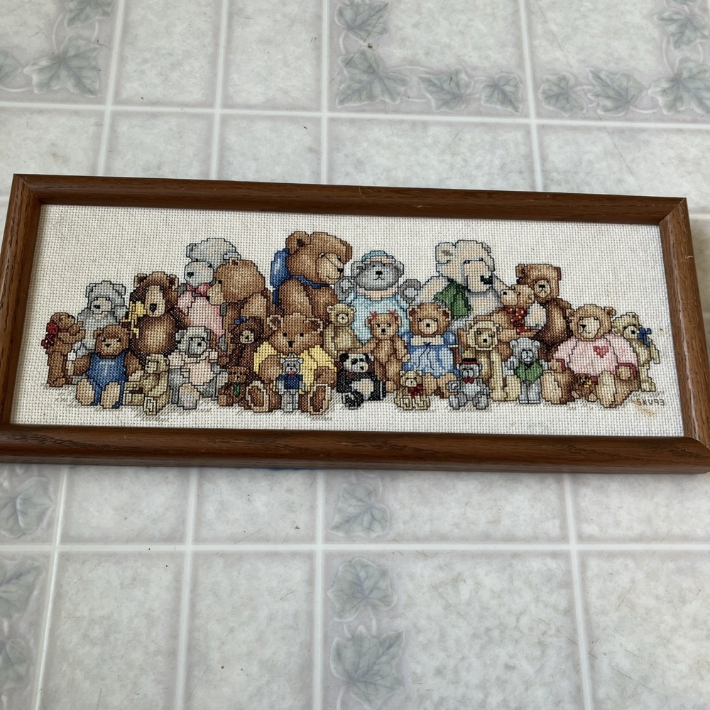 Teddy Bears Gathering Counted Cross Stitch Picture Framed 3D Bear 16.75 X 7